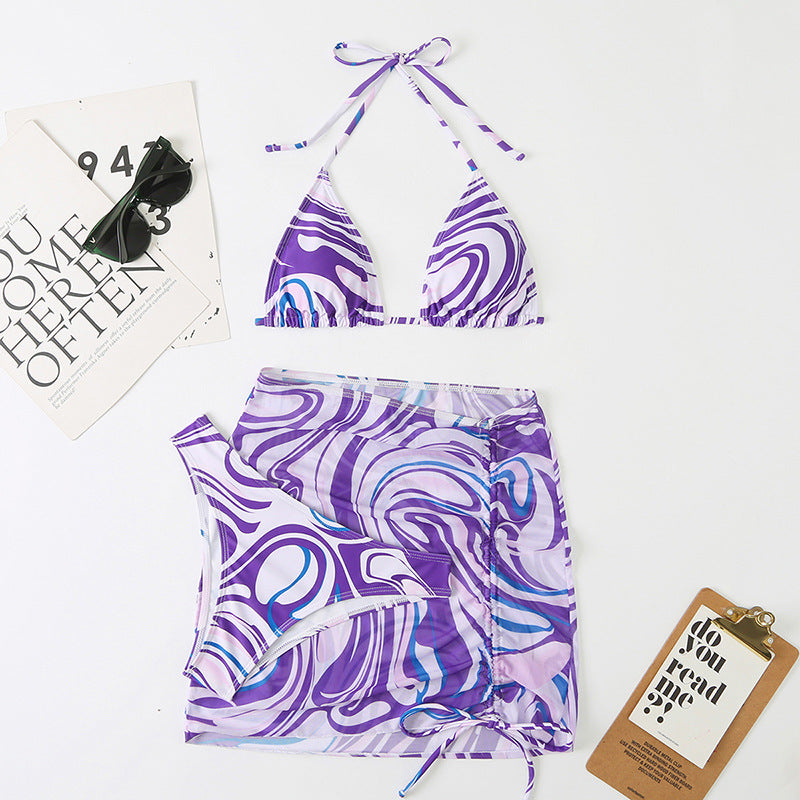 Swirl-Print Triangle Bikini & Ruched Mesh Skirt Set
