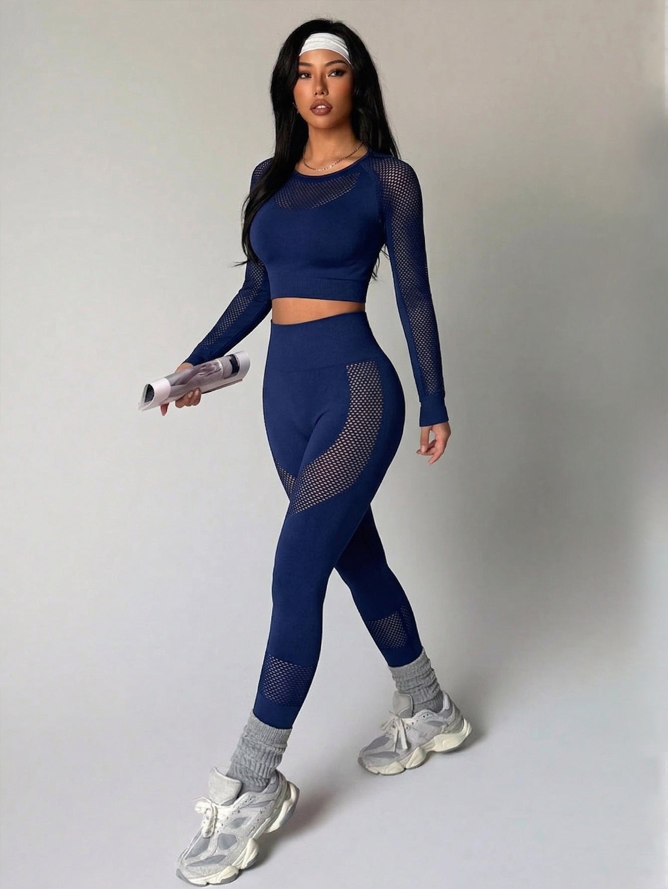 Lila Zen Mesh Panel Long Sleeve Crop Top & High-Waist Sculpting Leggings Set