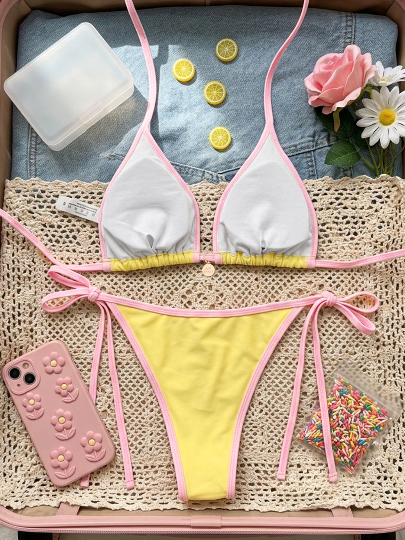 Lila Zen Contrast Trim Triangle Tie-Side Bikini Set