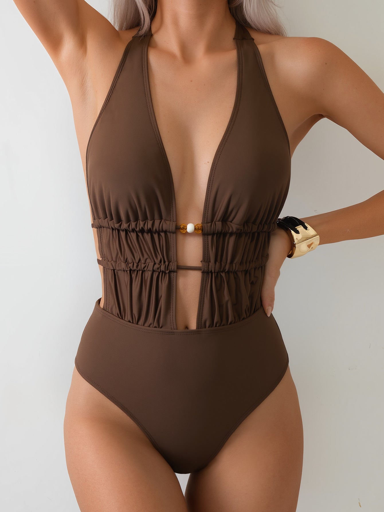 Ruched Plunge Halter One-Piece Swimsuit