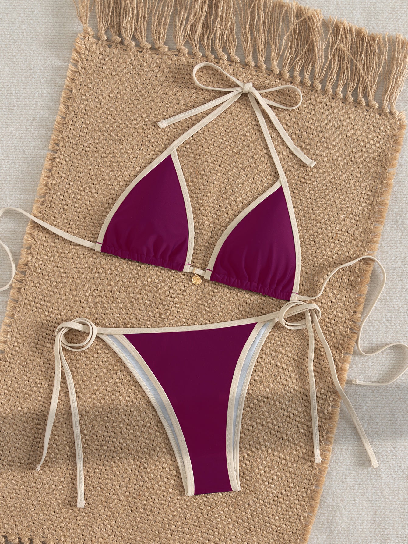 Lila Zen Contrast Trim Triangle Tie-Side Bikini Set