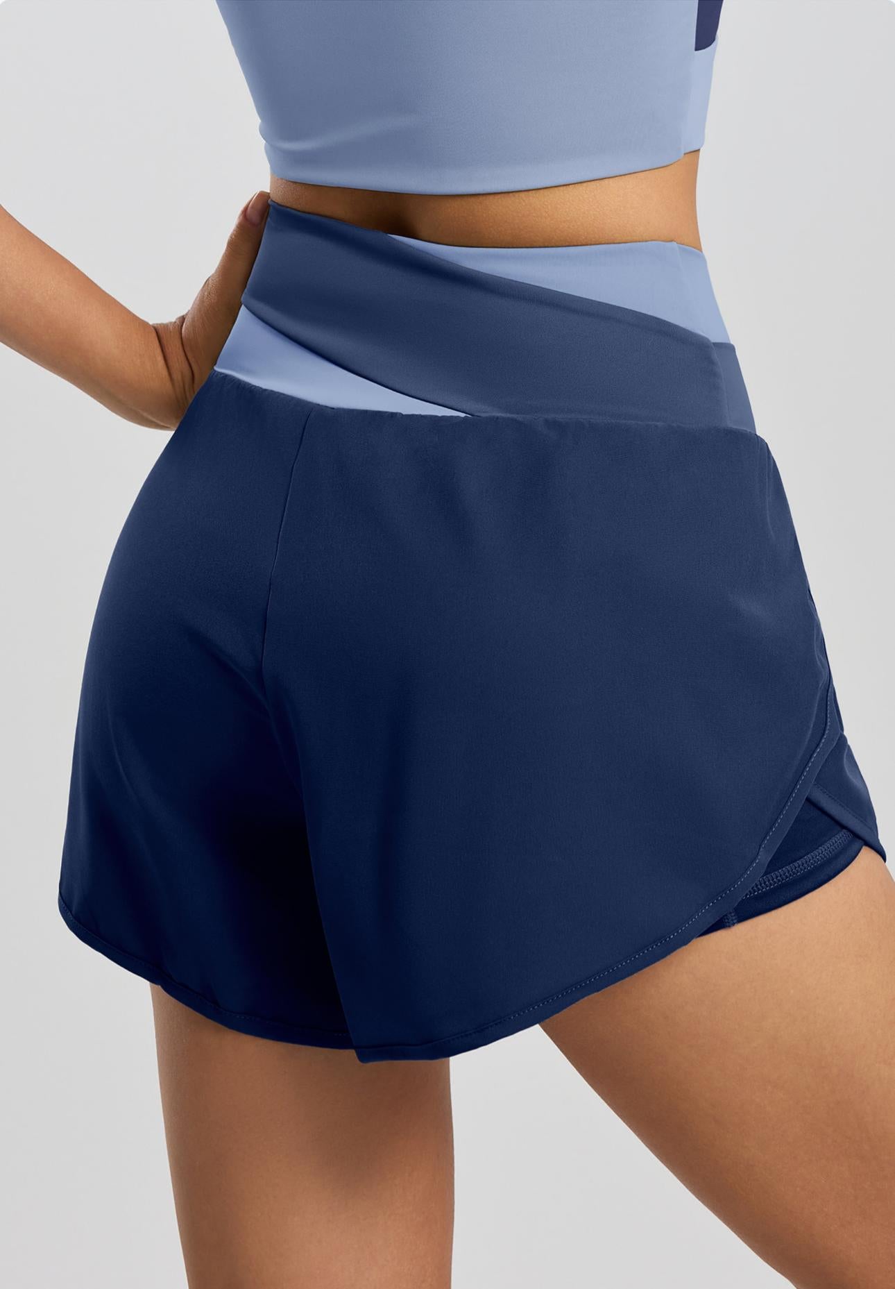 Lila Zen Women's Crossover High-Waisted Color-Blocked Faux Two-Piece Yoga Shorts