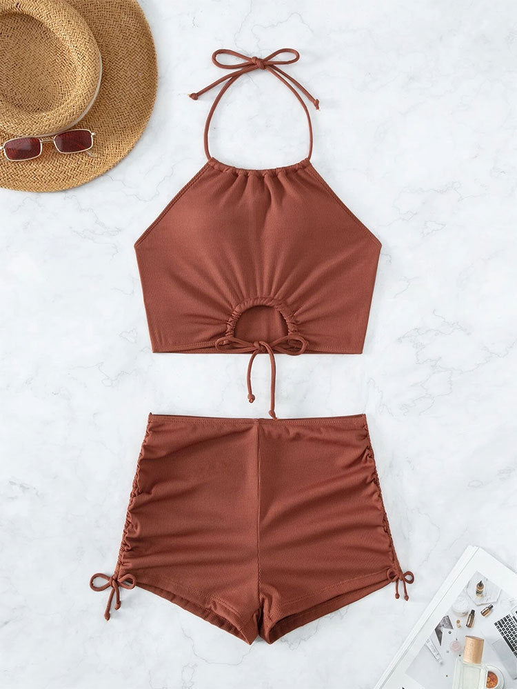 Ribbed Ring-Detail Halter Tankini & Ruched Shorts Set