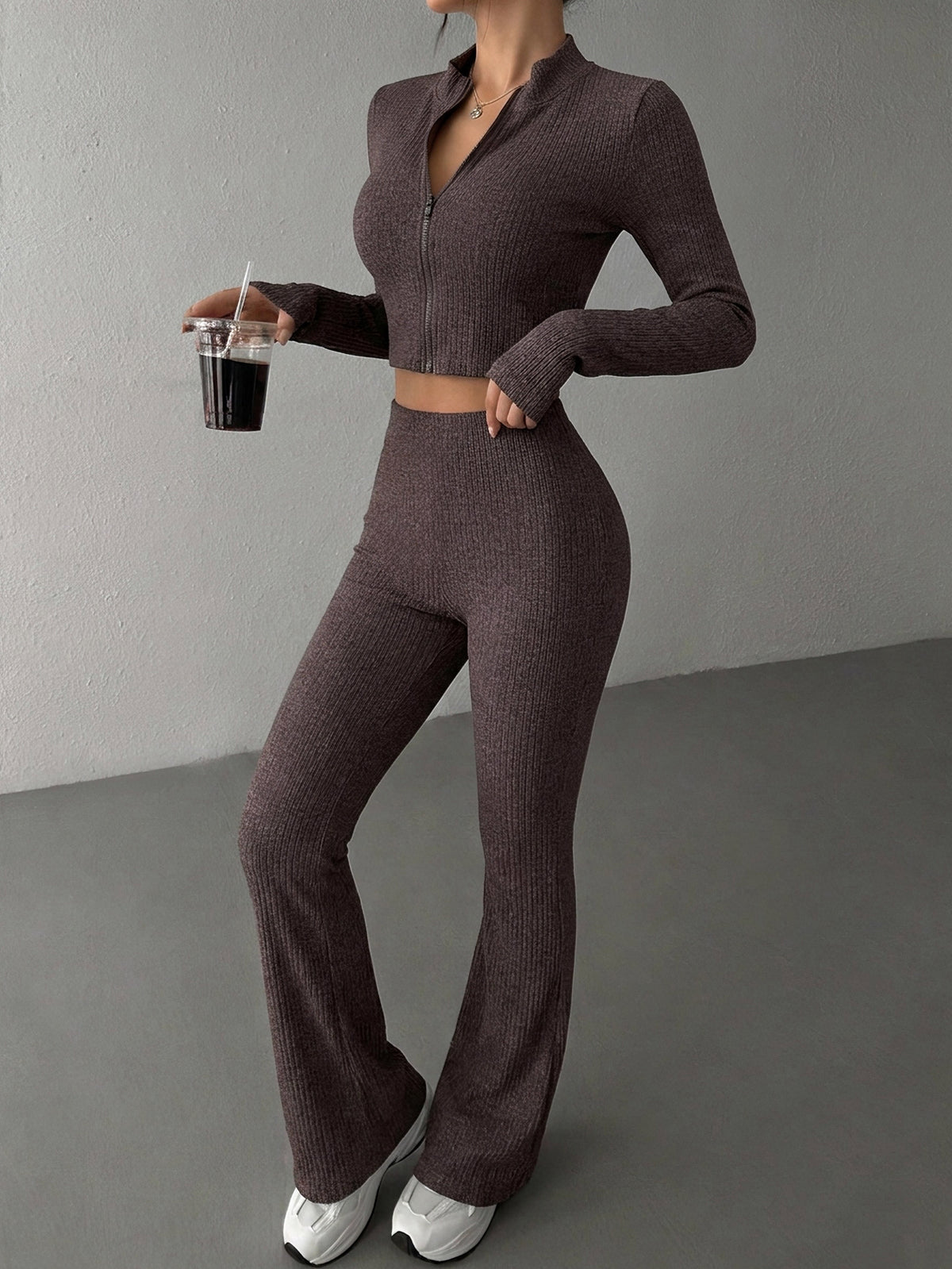 Half-Zip Cropped Long Sleeve Top & High-Waist Leggings Set