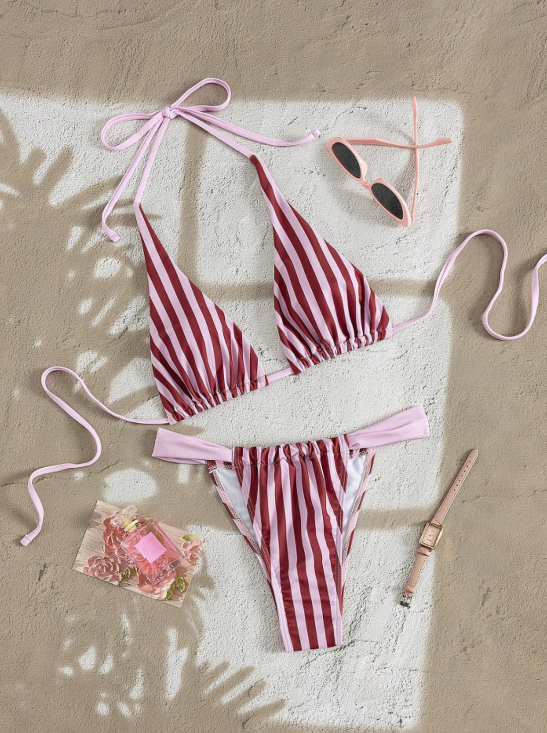 Striped Halter Triangle Bikini Set