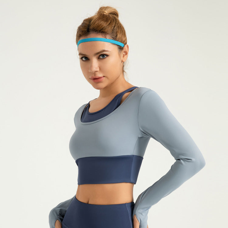 Lila Zen Shockproof Color-Blocked Faux Two-Piece Long-Sleeved Yoga Wear