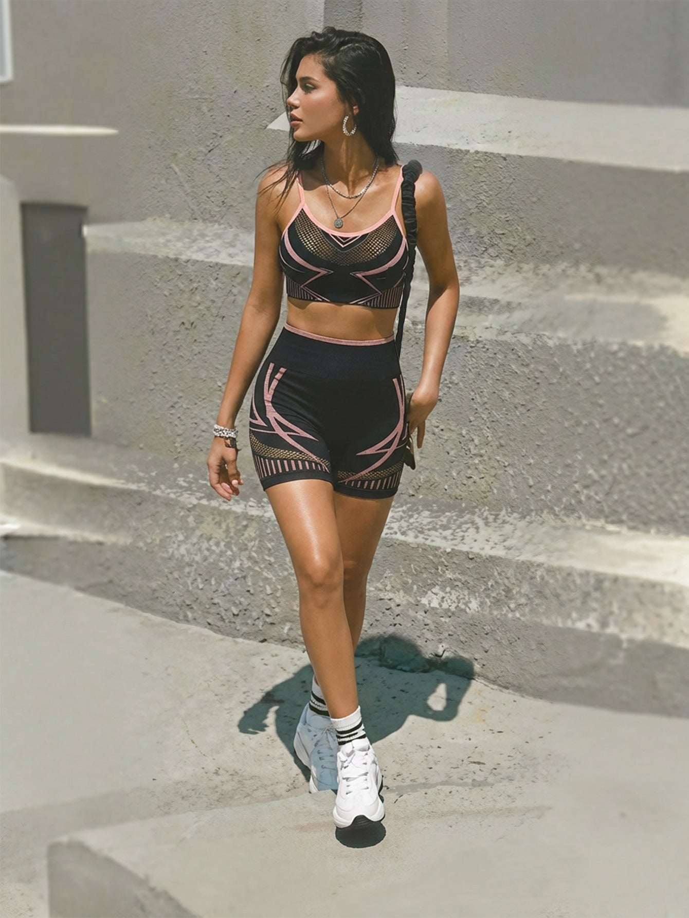 Lila Zen Seamless Contour Strappy Sports Bra & High-Waisted Biker Shorts Set