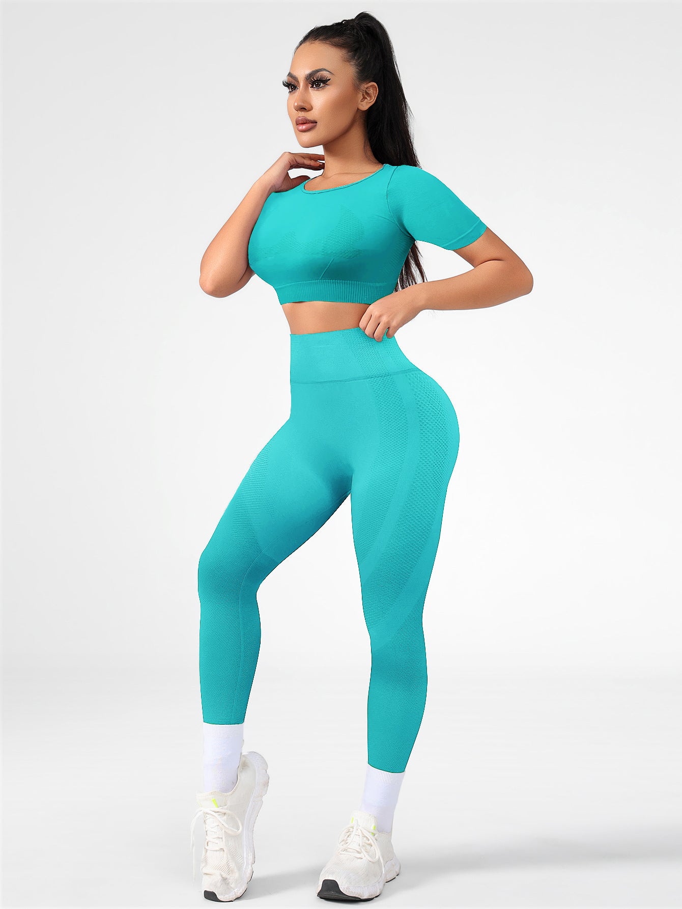 Lila Zen Seamless Gradient Contour Short Sleeve Crop Top & High-Waisted Leggings Set