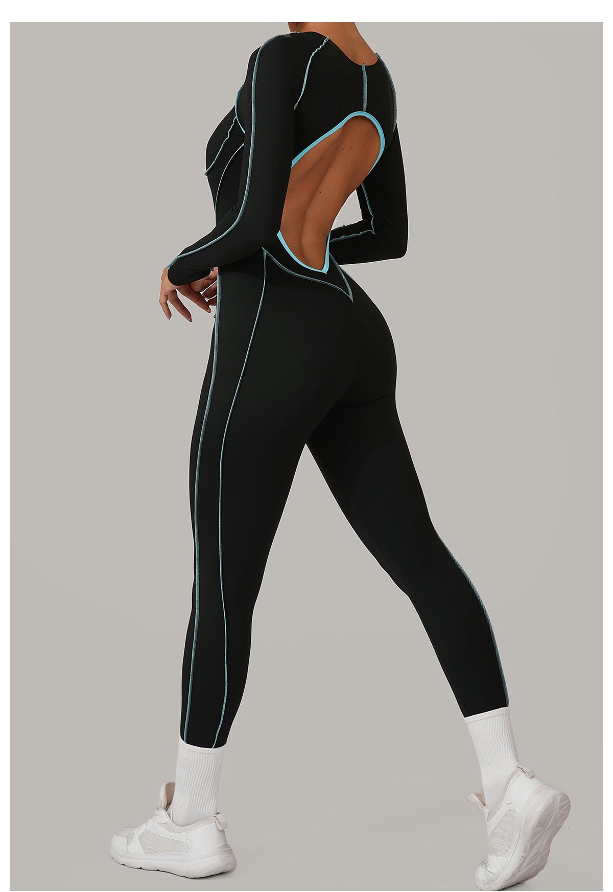 Contrast Seam Open Back Long Sleeve Jumpsuit