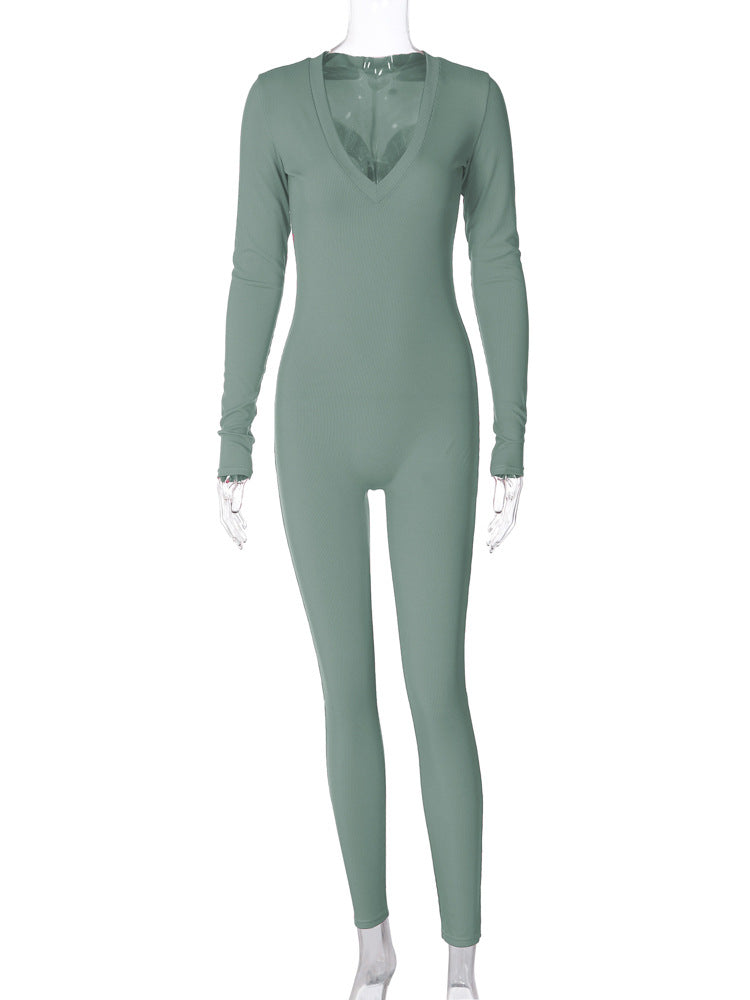 Casual Ribbed Deep V-Neck Long Sleeve Skinny Jumpsuit