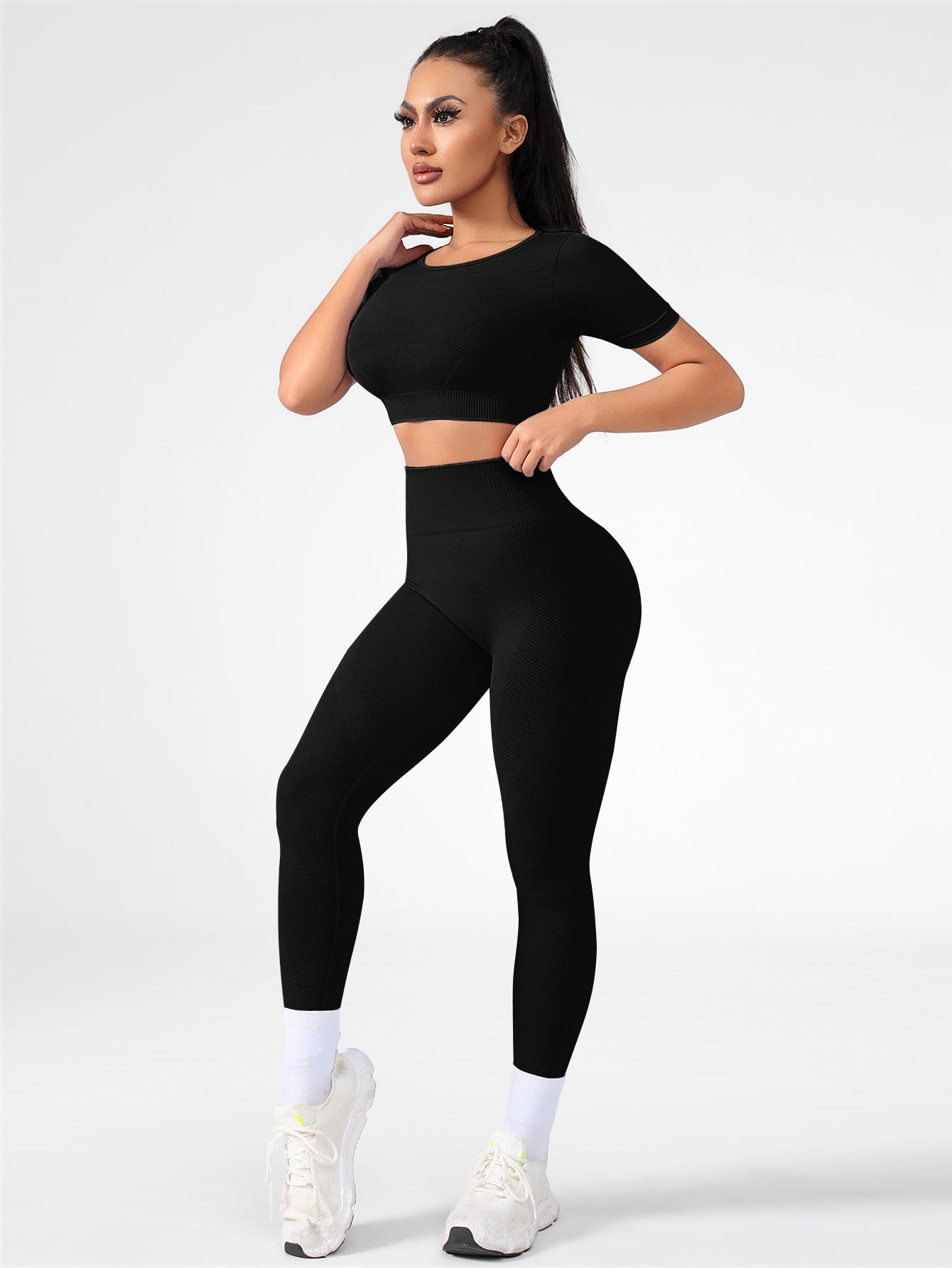 Lila Zen Seamless Gradient Contour Short Sleeve Crop Top & High-Waisted Leggings Set