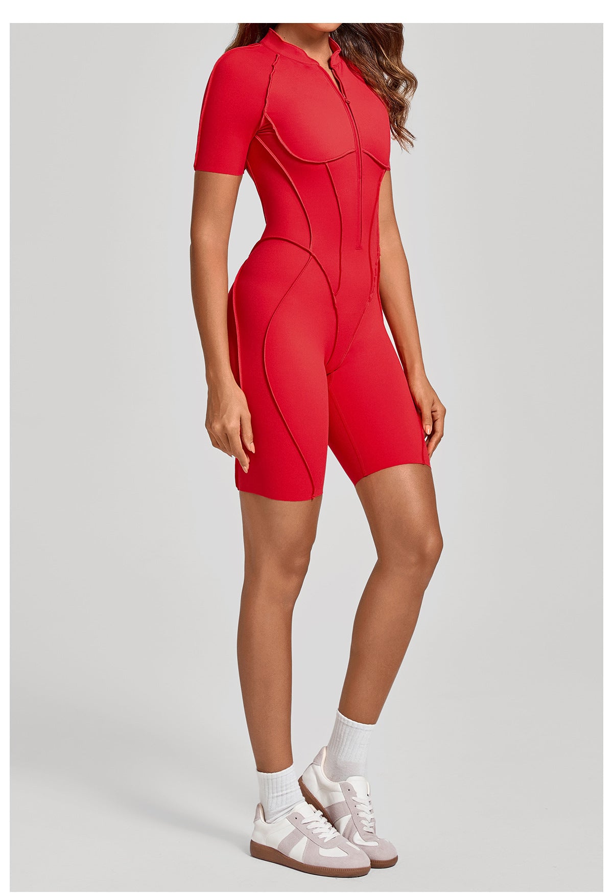 Zip Front Open Back Sculpt Seam Short Romper