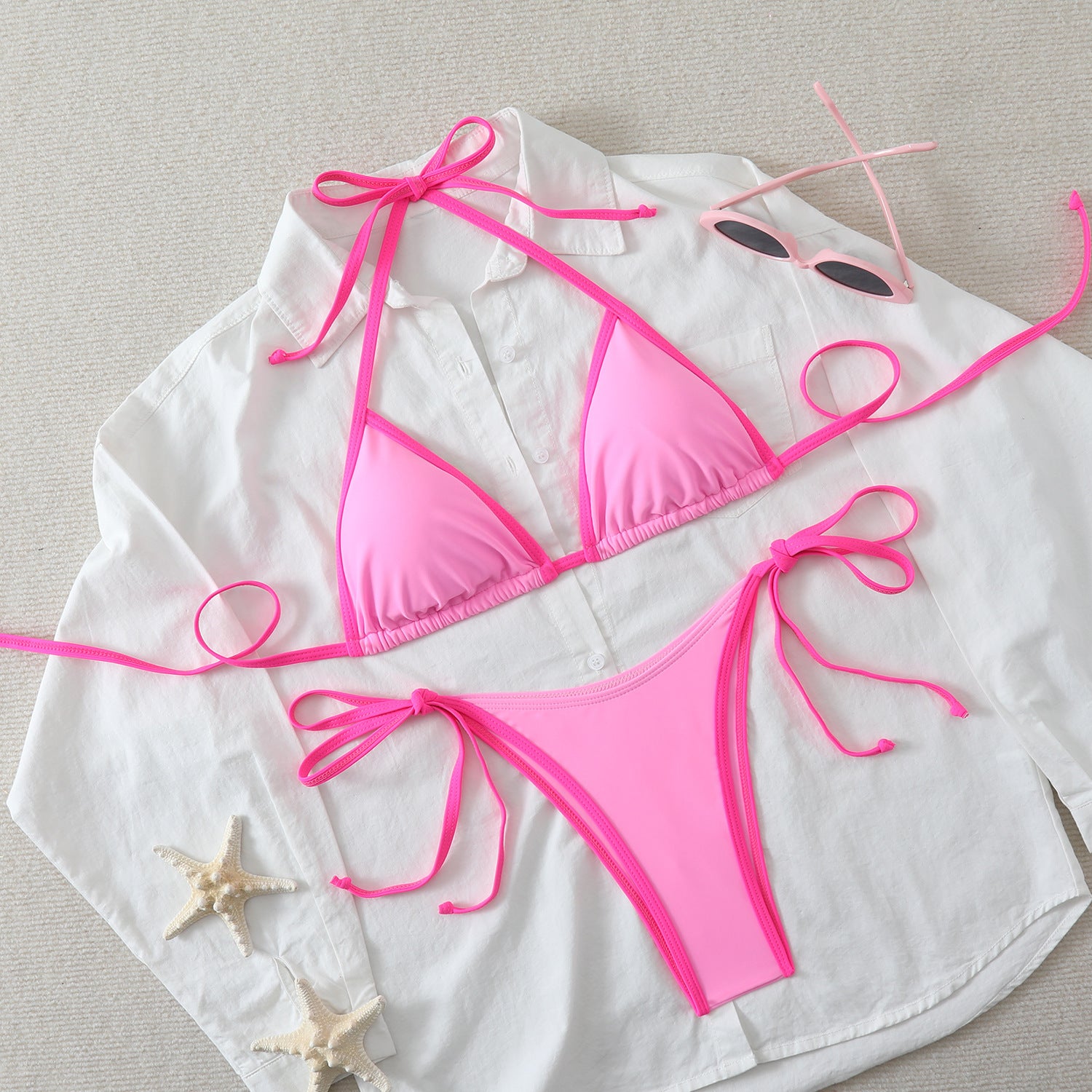 Contrast-Trim Halter Bikini Set