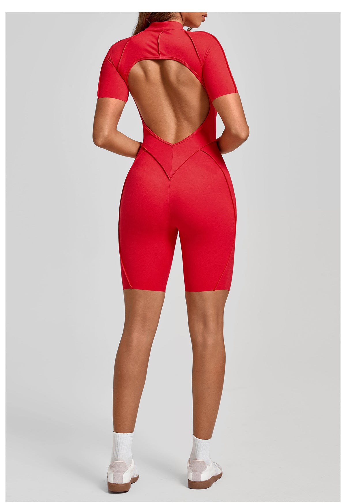 Zip Front Open Back Sculpt Seam Short Romper