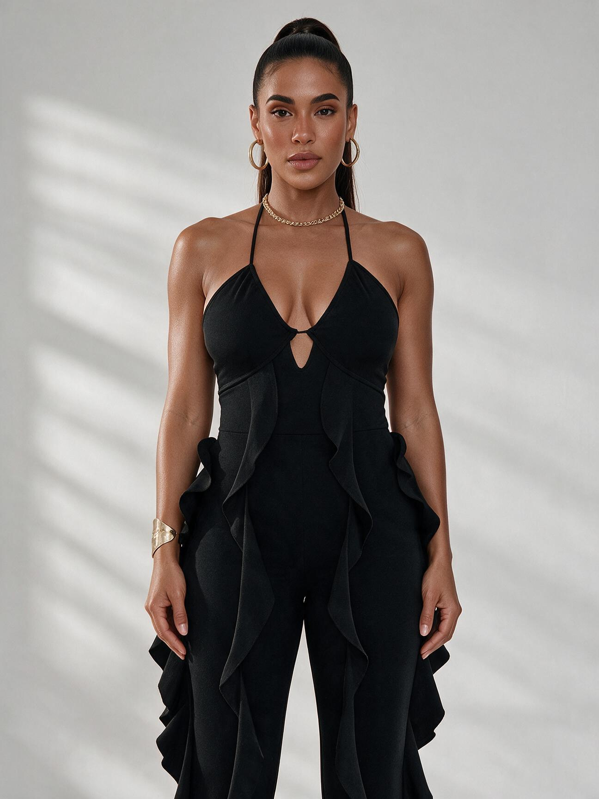 Elegant Ruffle Trim V-Neck Jumpsuit