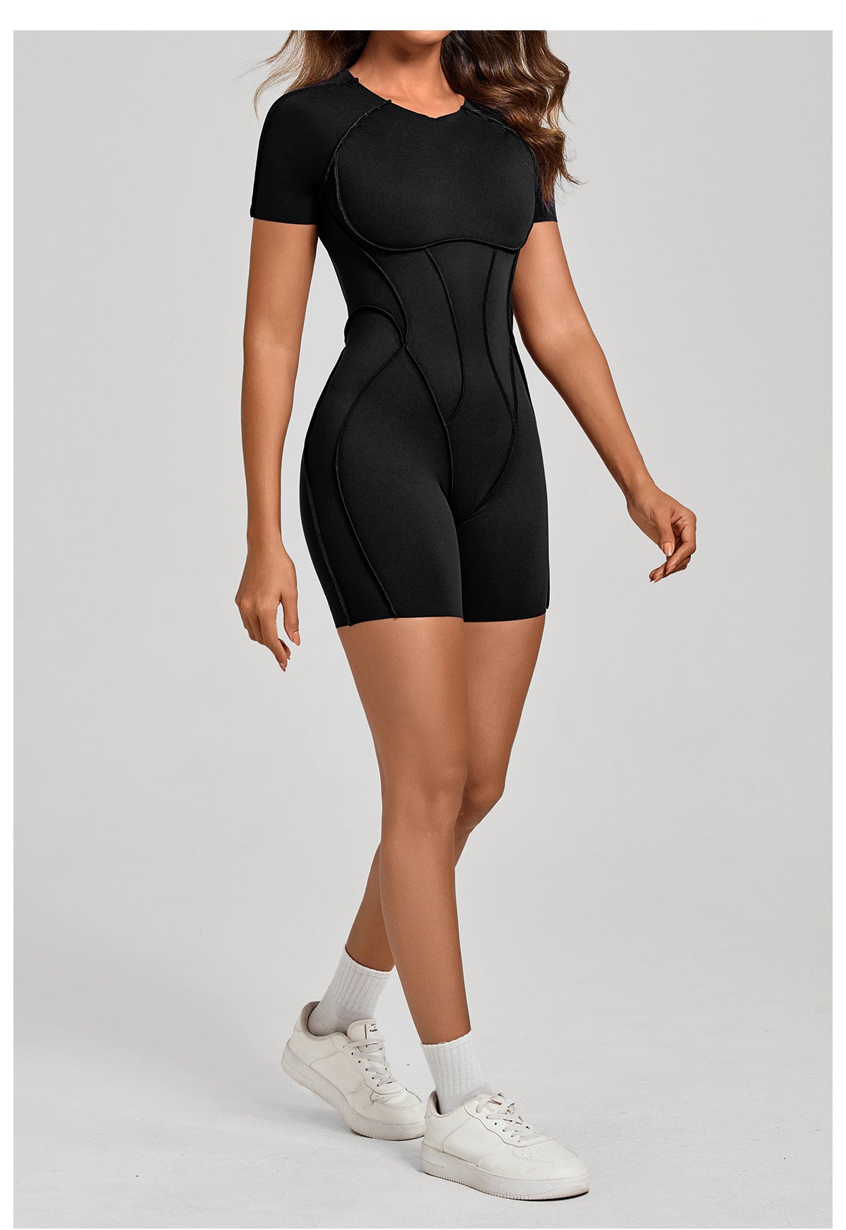 Lila Zen Sculpted Open-Back Short-Sleeve Yoga Romper