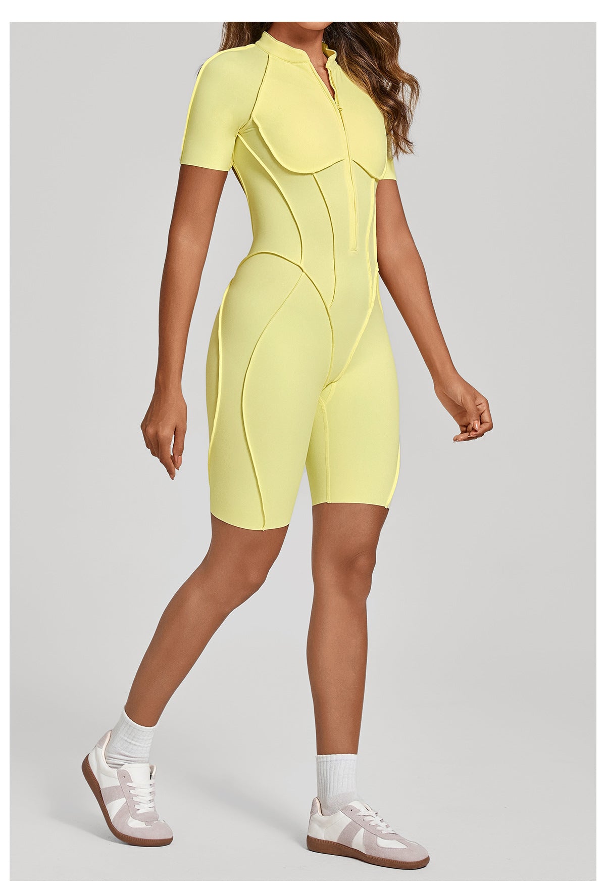 Zip Front Open Back Sculpt Seam Short Romper