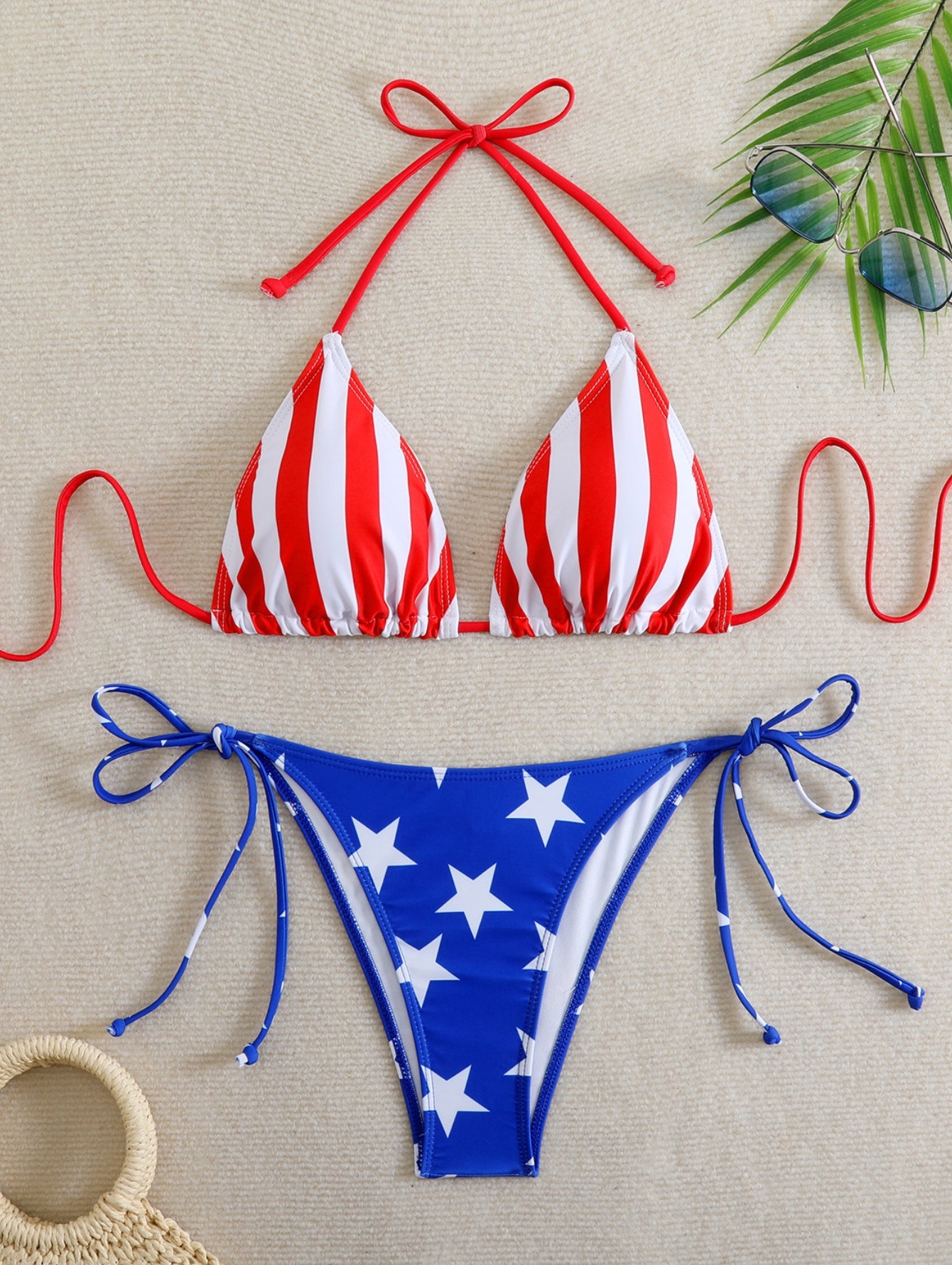 Wildline Contrast-Tie Printed Triangle Bikini Set