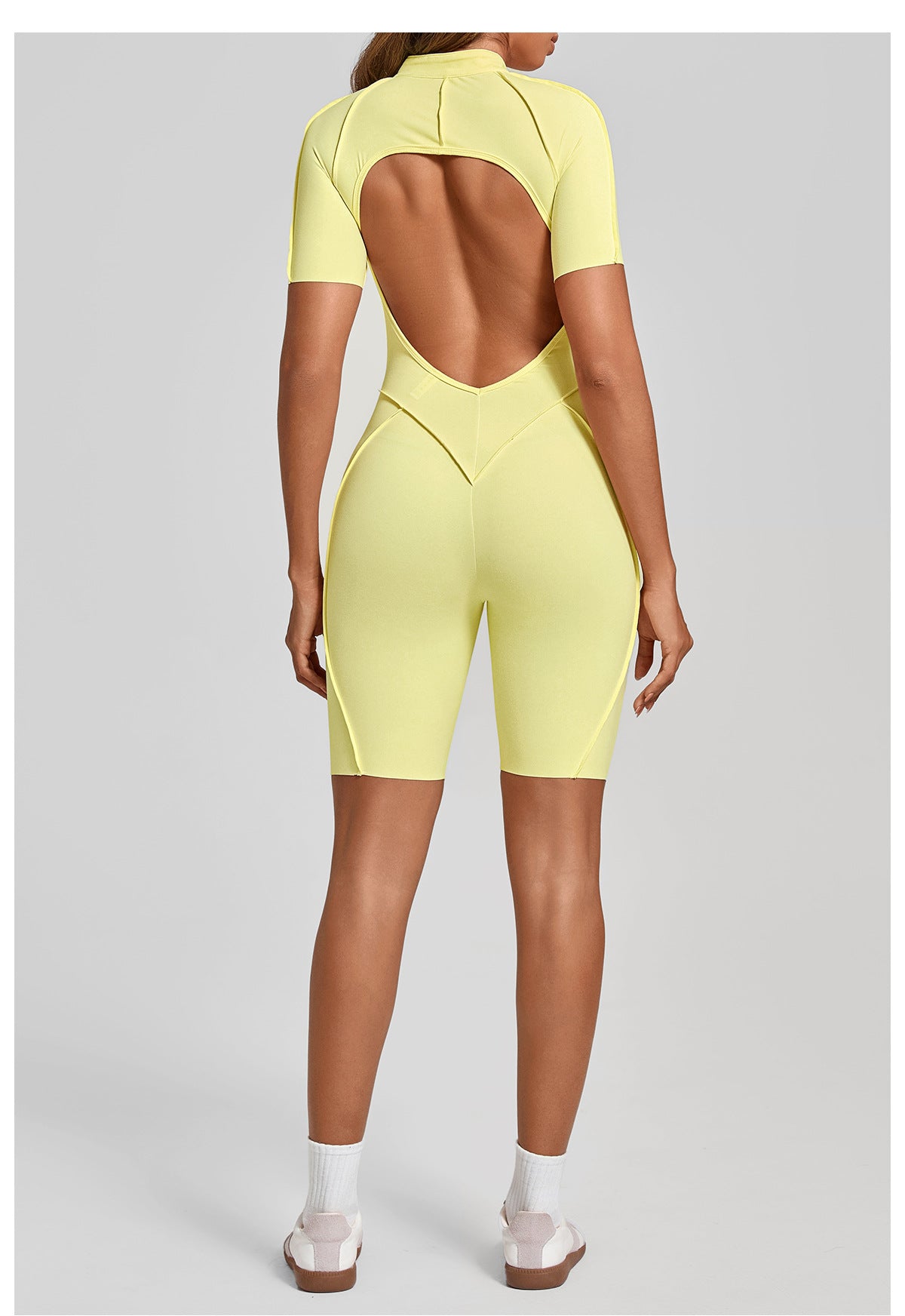 Zip Front Open Back Sculpt Seam Short Romper