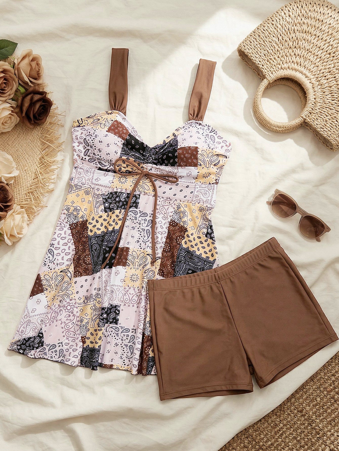 Lila Zen Ruched Drawstring Floral One-Piece Swim Dress