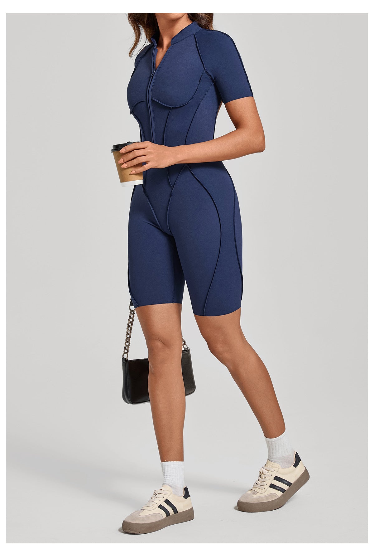 Zip Front Open Back Sculpt Seam Short Romper