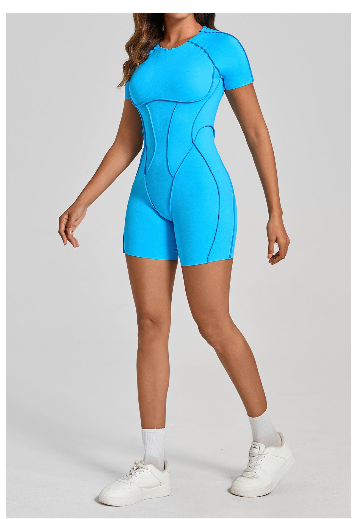 Lila Zen Sculpted Open-Back Short-Sleeve Yoga Romper