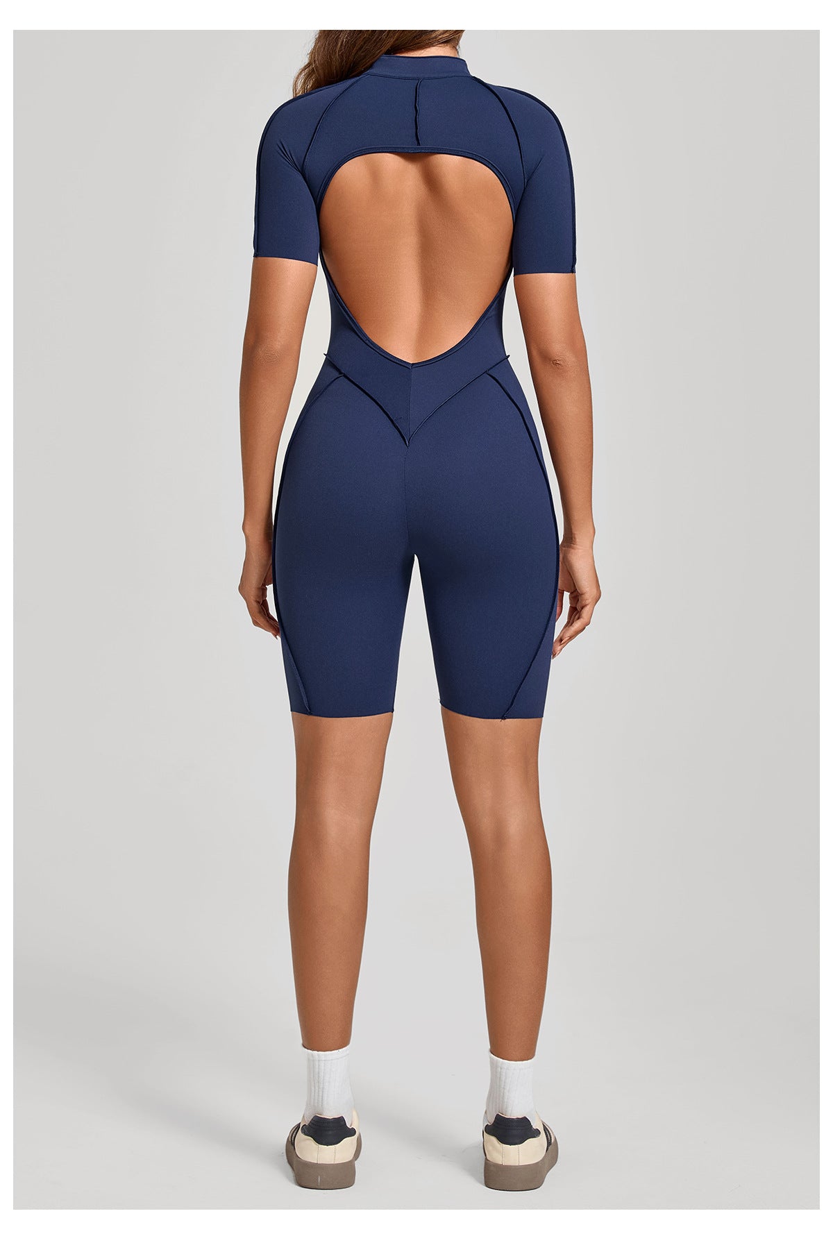 Zip Front Open Back Sculpt Seam Short Romper