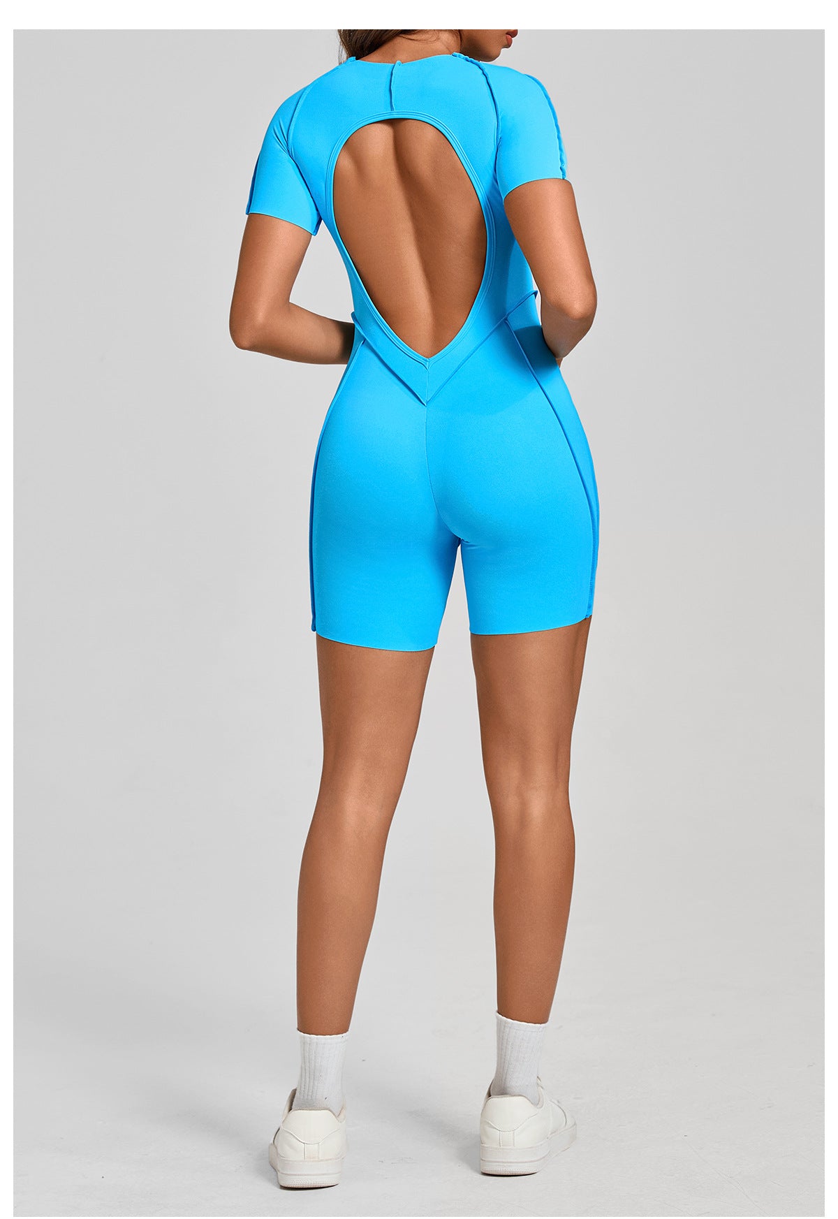 Lila Zen Sculpted Open-Back Short-Sleeve Yoga Romper
