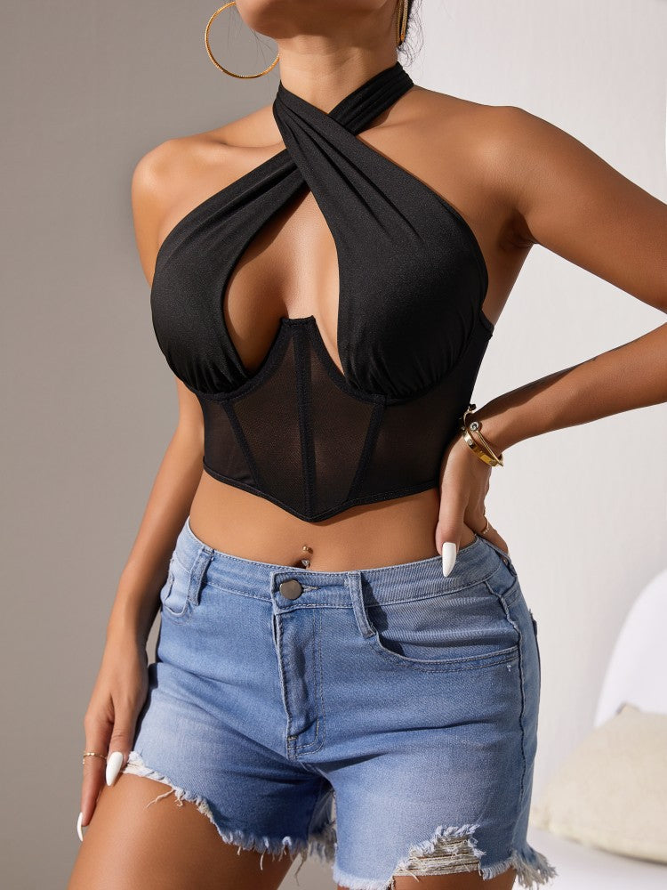 Cross-Halter Plunge Mesh Corset Crop Top