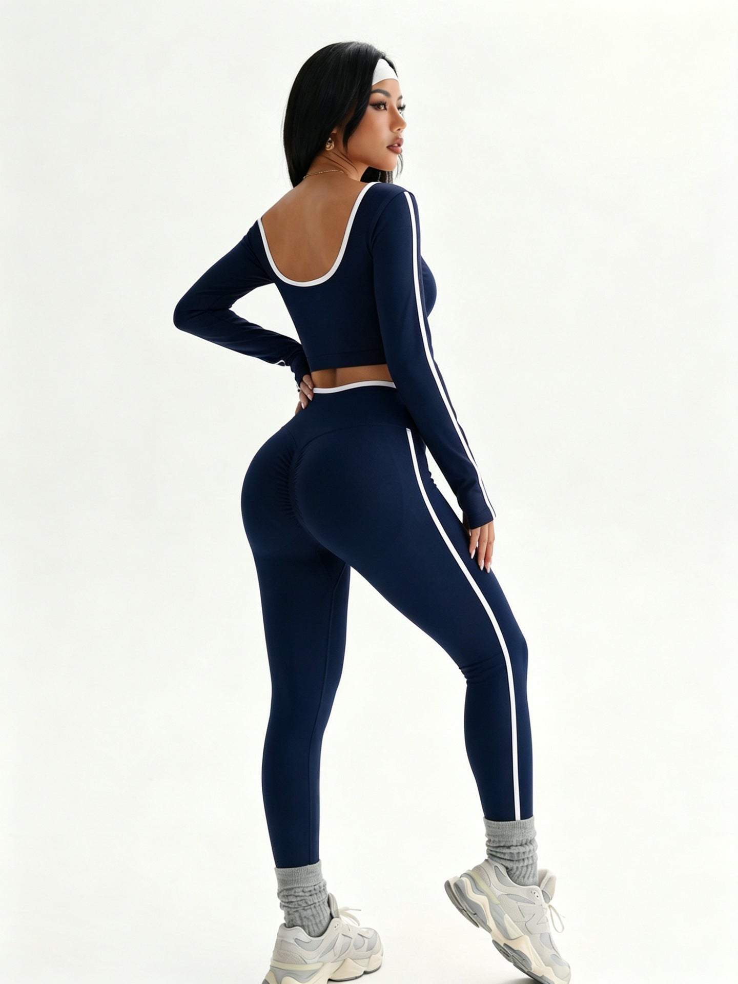 Lila Zen White-Trim Open Back Long Sleeve Yoga Set