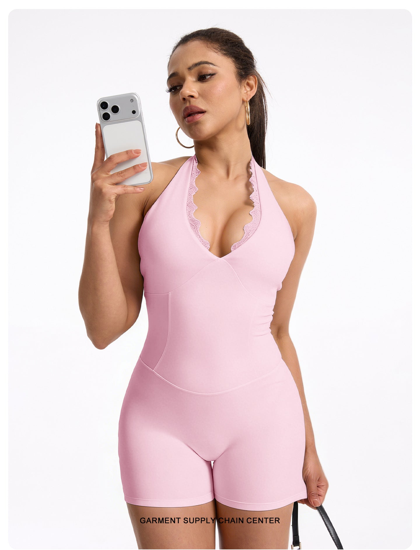 Lila Zen Lace-Trim Halter Open-Back Sculpt Romper