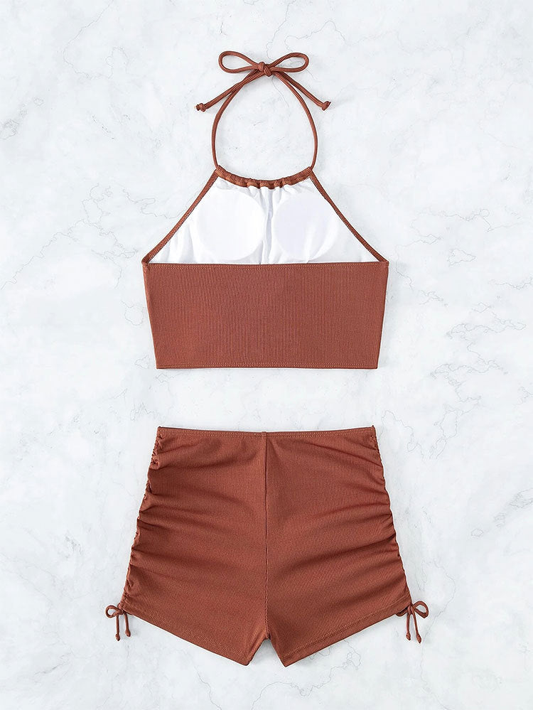 Ribbed Ring-Detail Halter Tankini & Ruched Shorts Set