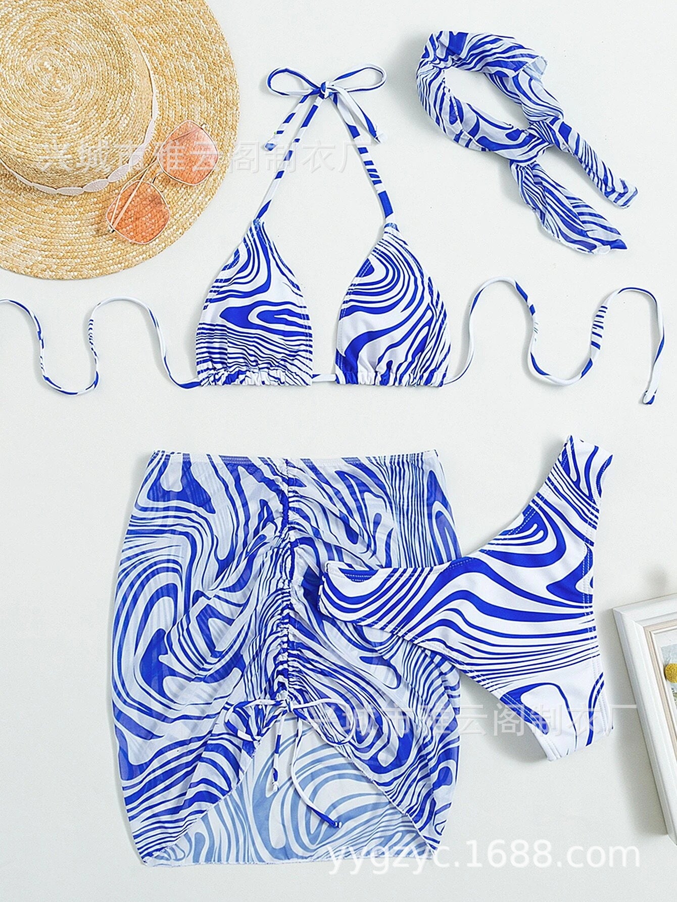 Swirl Print Triangle Bikini & Ruched Mini Skirt Set