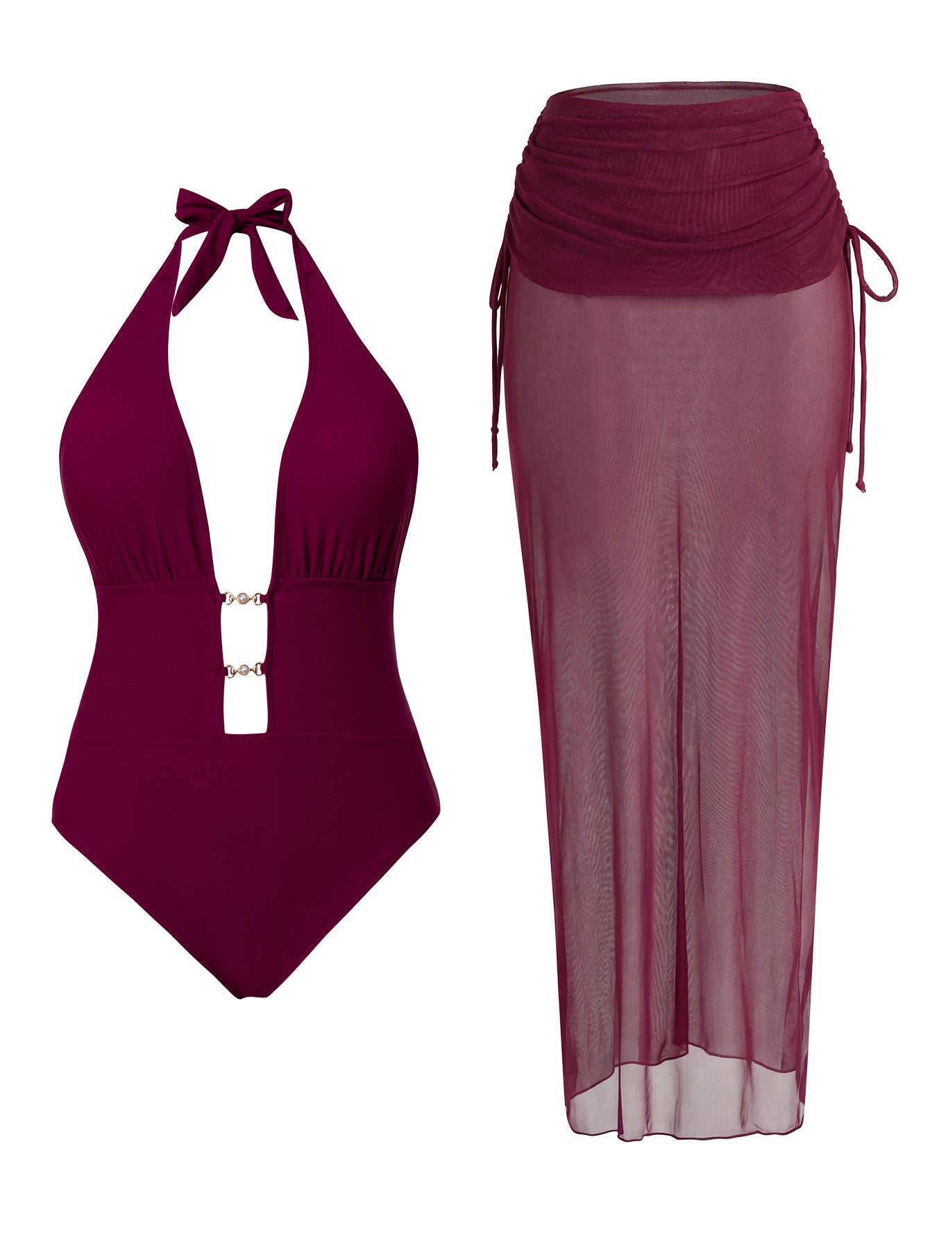 Lila Zen Halter Plunge One-Piece Swimsuit & Sheer Mesh Skirt Set