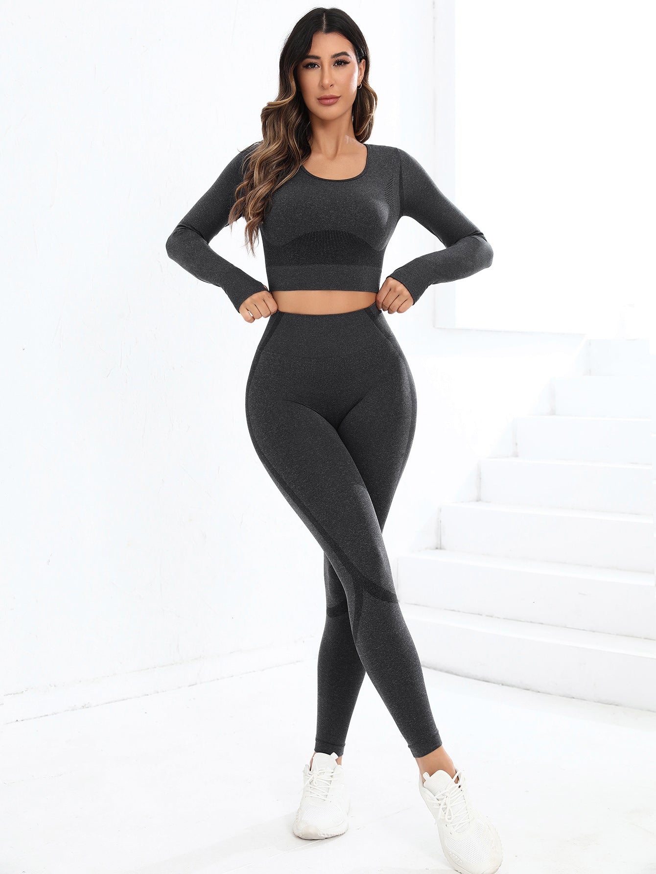 Lila Zen Seamless 3D Sculpt Long Sleeve Crop Top & High-Waisted Leggings Set