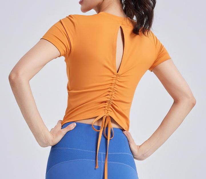 Lila Zen Drawstring Backless Ruffled Bra with Padded Chest Short-Sleeve Fitness Yoga Wear