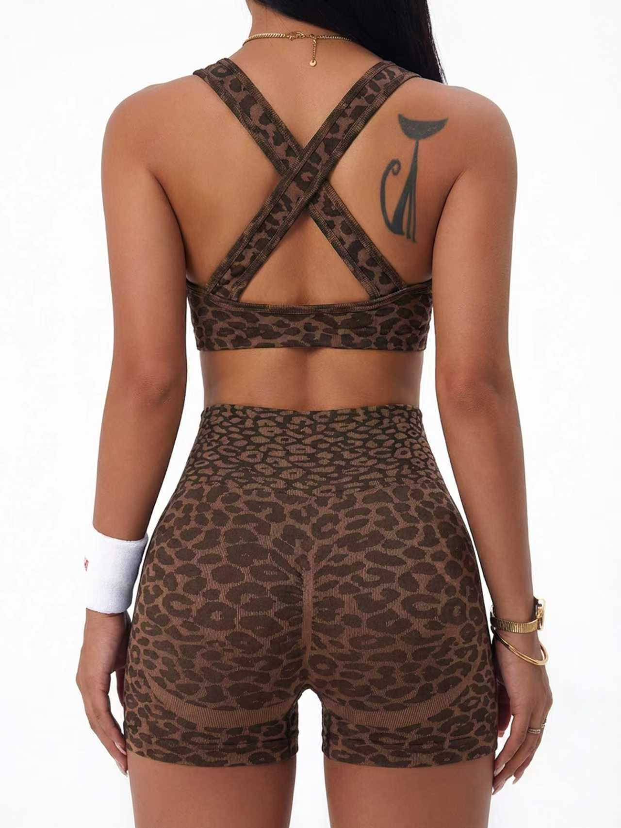 Lila Zen Leopard Twist-Front Crossback Sports Bra & High-Waisted Shorts Set