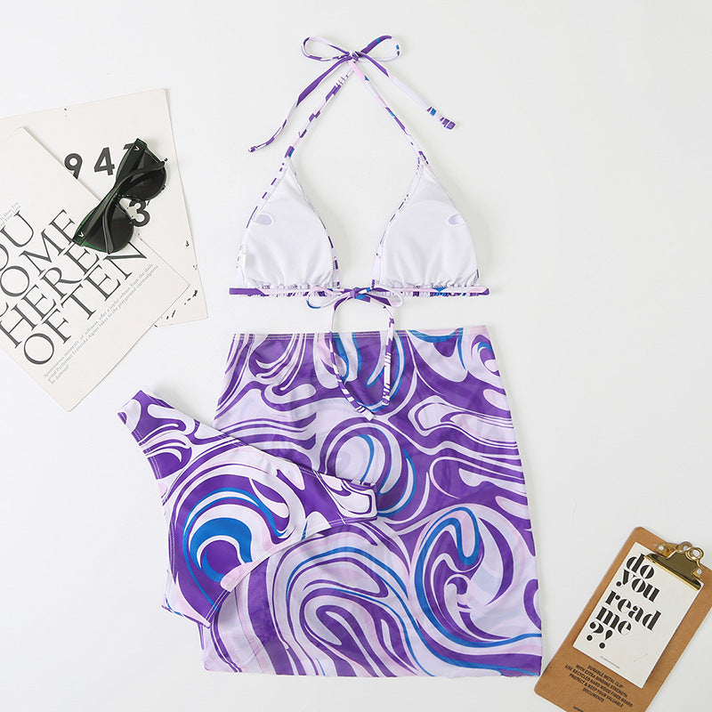 Swirl-Print Triangle Bikini & Ruched Mesh Skirt Set