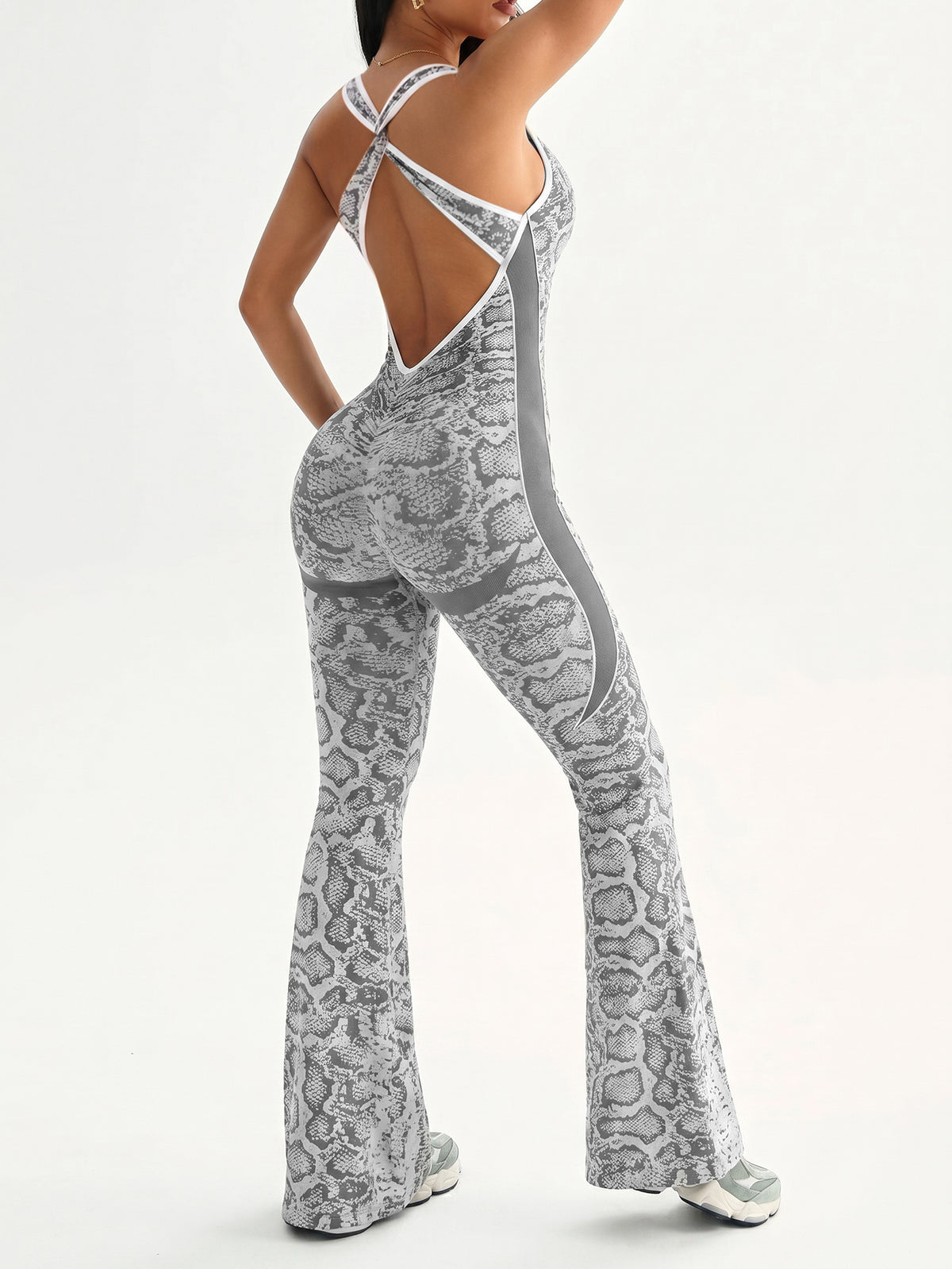 Snake Print Cross-Back Flare Jumpsuit