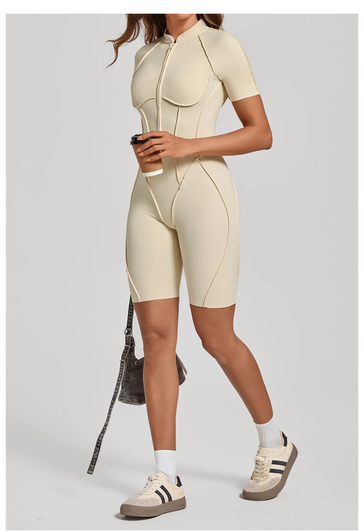 Zip Front Open Back Sculpt Seam Short Romper