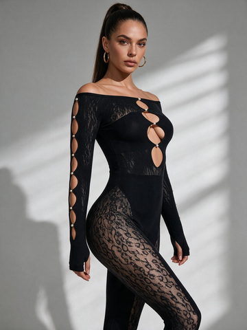 Pearl Decor Leopard Mesh Tight Jumpsuit
