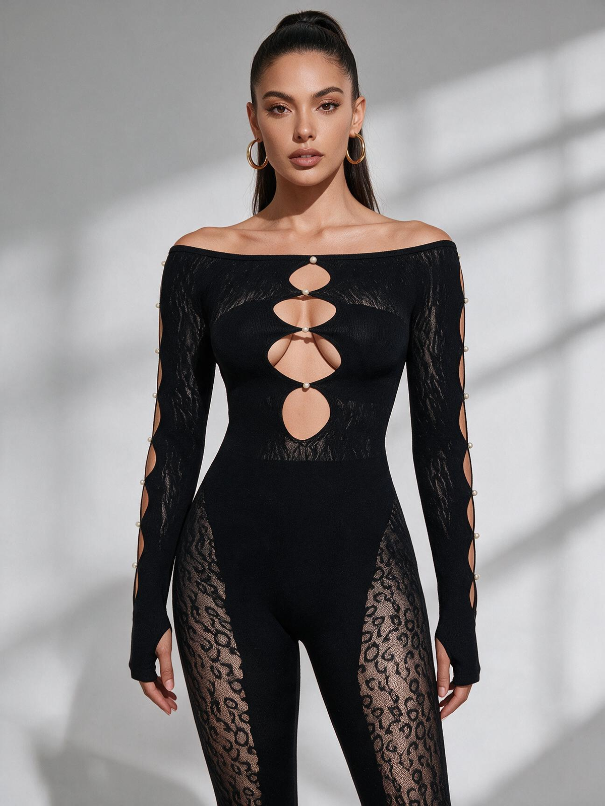 Pearl Decor Leopard Mesh Tight Jumpsuit