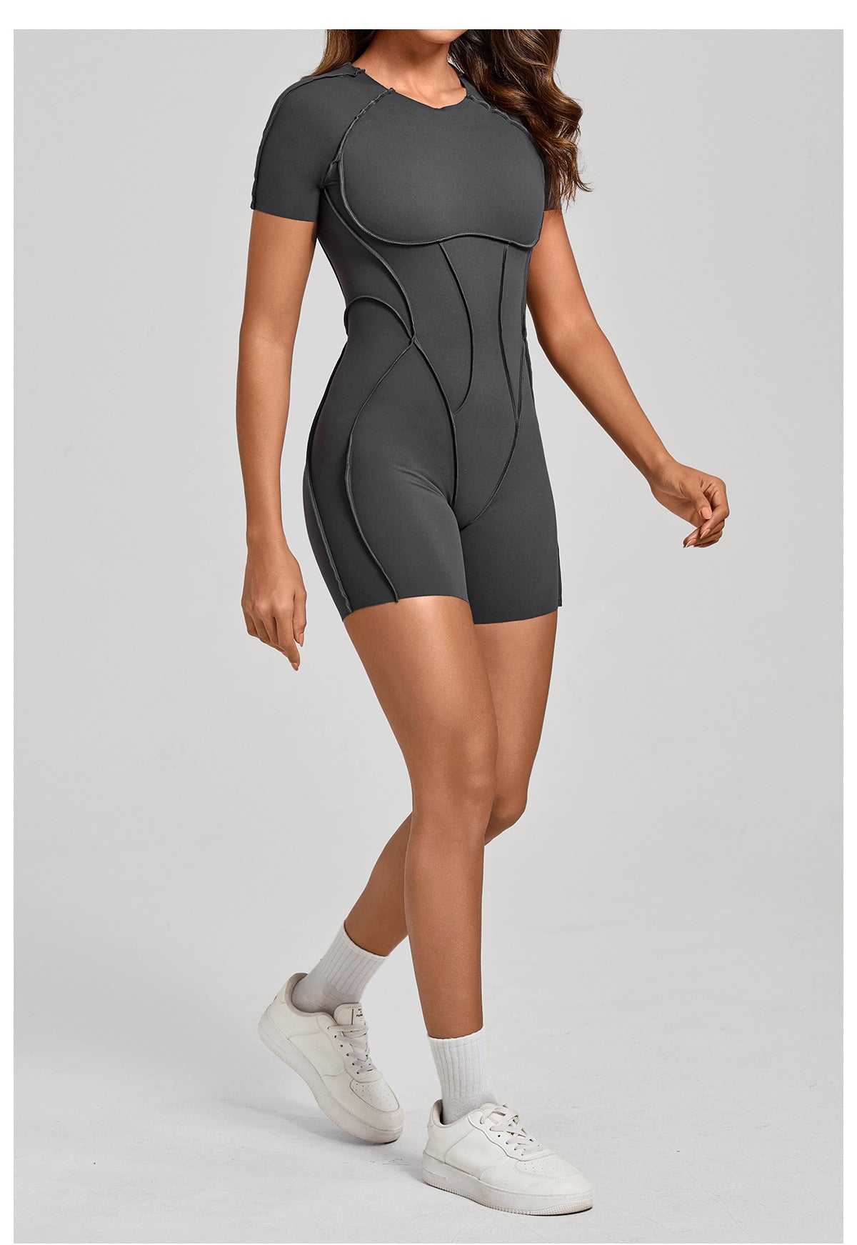 Lila Zen Sculpted Open-Back Short-Sleeve Yoga Romper