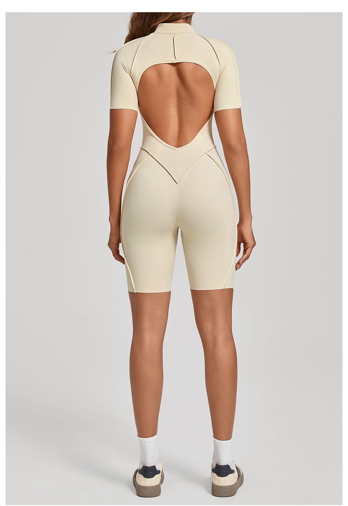 Zip Front Open Back Sculpt Seam Short Romper