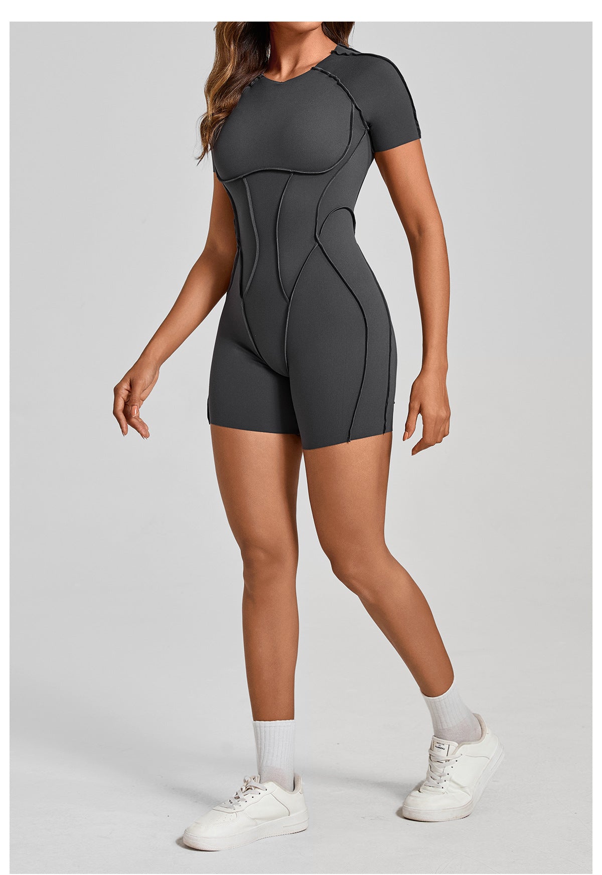 Lila Zen Sculpted Open-Back Short-Sleeve Yoga Romper