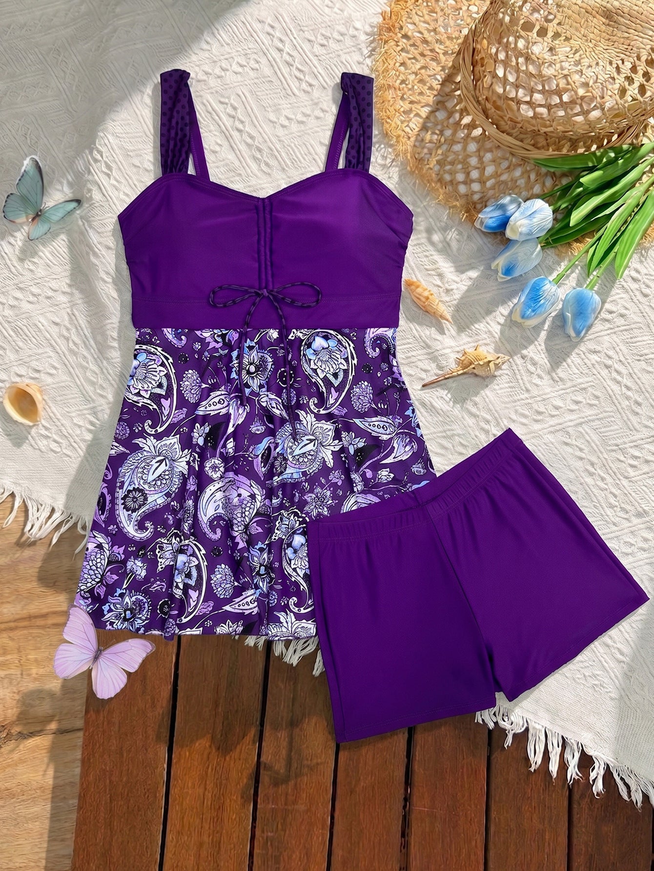 Lila Zen Ruched Drawstring Floral One-Piece Swim Dress