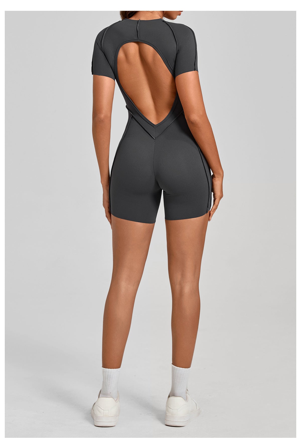 Lila Zen Sculpted Open-Back Short-Sleeve Yoga Romper