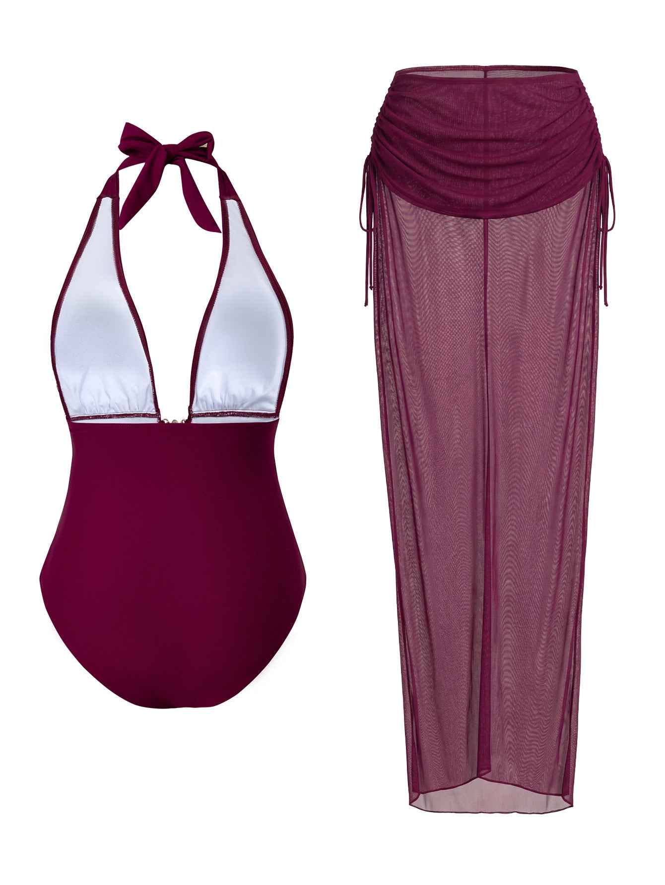 Lila Zen Halter Plunge One-Piece Swimsuit & Sheer Mesh Skirt Set