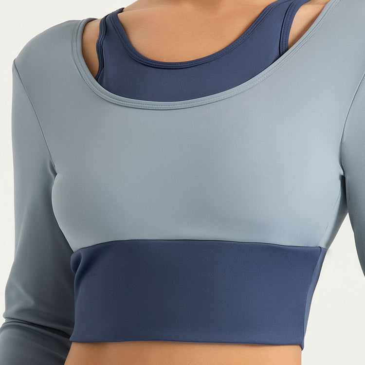 Lila Zen Shockproof Color-Blocked Faux Two-Piece Long-Sleeved Yoga Wear