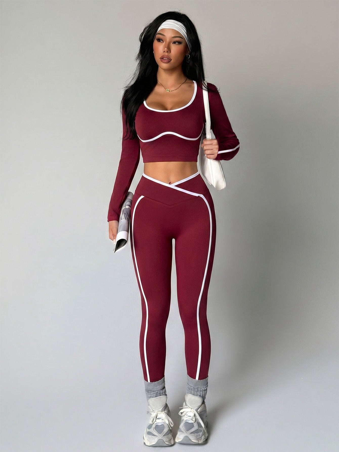 Lila Zen White-Trim Open Back Long Sleeve Yoga Set